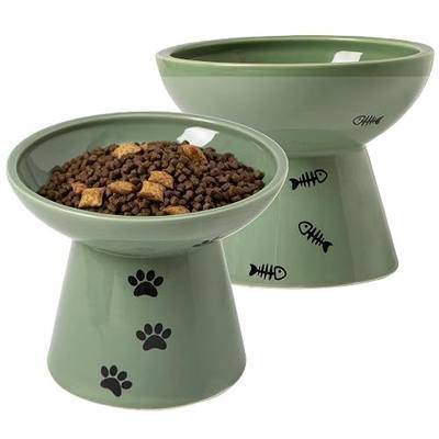 Raised Cat Food Bowl Neck and Whisker Friendly Two Bowls with Cat Paw Print & Fishbone Patterns Elevated Design Ceramic Color Green