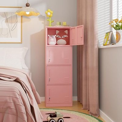 4 Door Metal Vertical Locker Storage Cabinet for Home,Office,School,Employees,4 Tier Storage Cabinet with Locking Doors,Lockable File Cabinet Organizer Lockers (Pink)