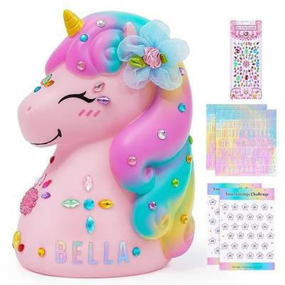 MHJY Unbreakable Unicorn Piggy Bank for Kids Personalized Birthday Gift | Toddler Saving Box Featuring DIY Letter Stickers And Challenge Cards For A Fun Educational Money-Saving Activity