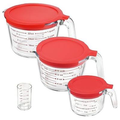 KOMUEE 4 Pieces Glass Measuring Cups Set | 5 Oz, 1-Cup, 2-Cup, 4-Cup Liquid Measuring Cups with Lids for Kitchen, Freezer and Microwave Safe