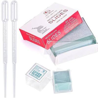 50 Pieces Microscope Slides and 100pcs Pre-Cleaned 20mm x 20mm Microscope Cover Slips Glasses for Basic Biological Science Education