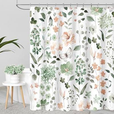 MAYZUS Cute Floral Shower Curtain, Sage Green Flower Fabric Shower Curtains for Bathroom, Spring Summer Wildflower Butterfly Cloth Shower Curtain Set with Hooks, 72x72