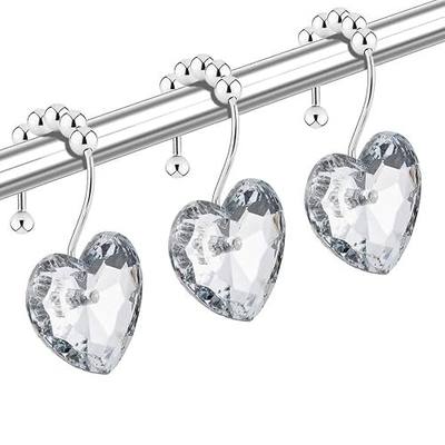 Diamond Shower Curtain Hooks, 12-Pack Heart Shaped Crystal Shower Rings, Decorative Bathroom Hangers for Valentine's Day, Bling Clear Fancy
