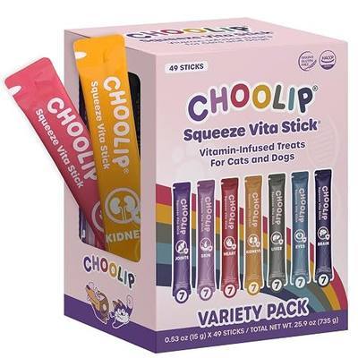 Choolip Squeeze Vita Stick Lickable Cat and Dog Treats – 49-Count Variety Pack – Real Meat Puree with Multivitamins for Total Pet Wellness – Grain-Free, High-Moisture, Vet-Formulated