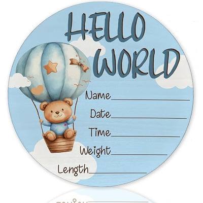 Blue Bear Baby Announcement Sign, Wooden Nursery Birth Name Plaque 6in | Blue Bear & Hot Air Balloon Themed Wooden Name Sign for Newborn Announcement, Nursery Decor, Baby Shower Gifts