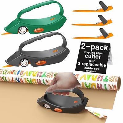 Perfycut 2 Pack Wrapping Paper Cutter with 3 Replaceable Blade Sets for Gift Wrapping Paper Roll Cutter and Christmas Wrapping Paper