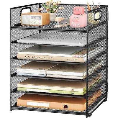 Subekyu 6 Tier Paper File Tray Organizer for Desk, Black Mesh Desk Letter Paper File Folder Accessories Sorter Organizer with Handle, Stackable Slide Tray for Office, Home or School Supplies Storage