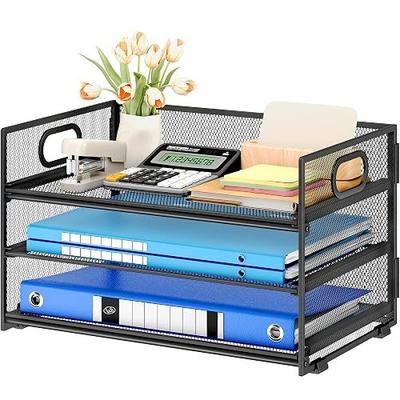 Subekyu 3 Tier Paper Letter Tray Organizer for Desk, Black Metal Mesh Desk File Folder Sorter Organizer with Handle and Sliding Tray for Home, Office, School Supplies Organization Storage