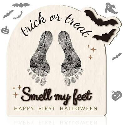 Beeveer Baby's First DIY Footprint Art Wooden Milestone Card Keepsake Little Boo Sign Nursery Decorative Ornaments for Baby Shower Newborn Photoshoot Prop(Halloween Retro)