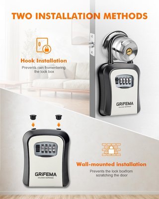 GRIFEMA Key Lock Box - Wall-Mounted & Hanging Outside Waterproof Lockbox for Keys with Code, Resettable 4-Digit Combination Security Lock Box, Hidden Key Storage Box for Home Office Garage Door Handle