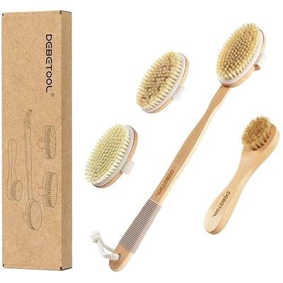 DEBETOOL Dry Brushing Set - Natural Boar Bristle Body & Face Brush, Wooden Long Handle Scrub Brush for Cellulite & Lymphatic Drainage Body Care, Detachable, 3 Brush Heads