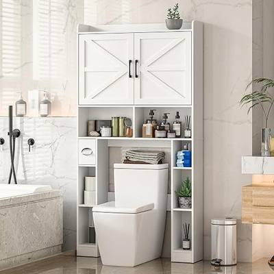 Vabches Over The Toilet Storage Cabinet with Barn Doors, White | Toilet Cabinet Rack, Space Saving Bathroom Organizer with Shelves, Toilet Paper Holder and Towel Rack for Bathroom,Laundry.