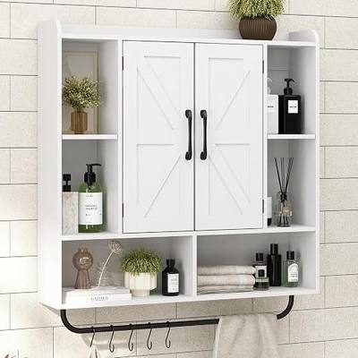 RUSTOWN Rustic Bathroom Wall Storage Cabinet with 2 Barn Doors, White | Farmhouse Medicine Cabinet, Wall Mounted, Space Saving, 3-Tier Adjustable Shelves, Towel Bar, 5 Hooks
