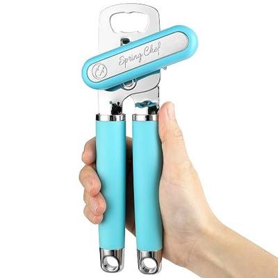 Spring Chef Stainless Steel Manual Can Opener w/Soft Grip Handle, Aqua Sky | Heavy Duty Hand Can Opener for Seniors with Smooth Edge, Easy Turn, 3in1 Can Opener with Magnetic Lid Remover & Bottle Opener