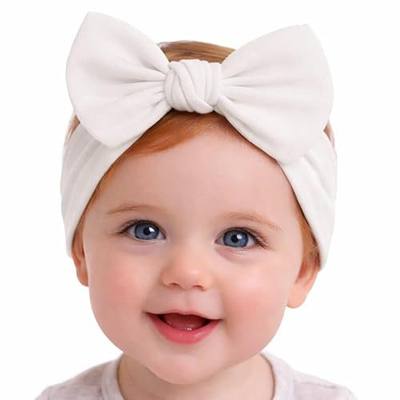 Baby Girl Headbands 0–6 Months – Newborn Infant Soft Cotton Handmade Bow Headband, Stretchy No Mark Baby Hair Accessories (Soft White, 0-6 Month)