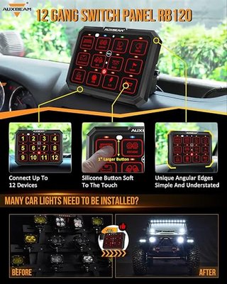 Auxbeam 12 Gang Switch Panel RB120 Toggle Momentary Pulsed RGB Dimmable Multifunction Switch Panel Two Sided Output Marine Switch Panel IP65 Waterproof for Car Boat RV, 3 Year Warranty