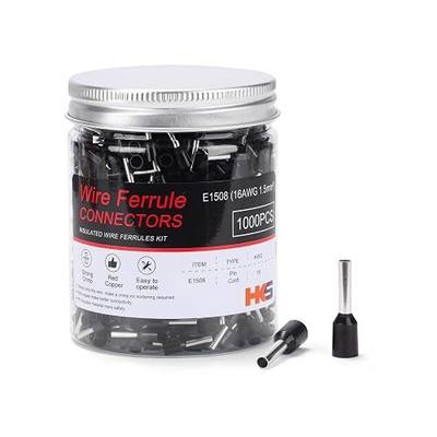 HKS 1000PCS Wire Ferrule Connectors - AWG 16-1.5mm² Copper Barrel Pin Cord Ends Insulated Ferrules Terminals - E1508 Black