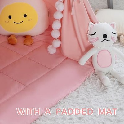 WIRHAO Teepee Tent for Kids with Padded Mat Cotton Canvas Kids Tent with Pompom for Toddlers Indoor Play Tent for Girls Boys with Stars Lights, Carry Bag, Banner Flag (Pink)