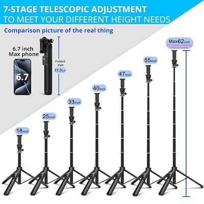 62-inch Selfie Stick and Tripod Legs for Cell Phone and Camera, Portable Travel Tripod Stand, Remote Control, Compatible with iPhone & Android and Camera (Gray)