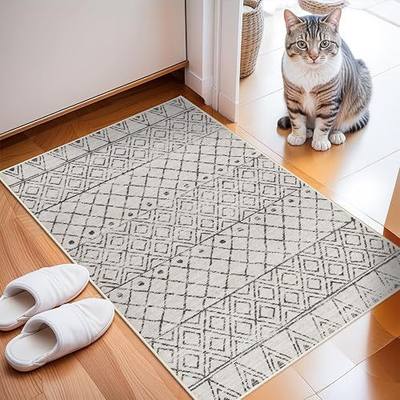 2x3 Entryway Rug Washable: Moroccan Small Area Rugs for Entryway Geo Grey | Low Pile Indoor Mat Non Slip with Rubber Backing Thin Area Rug Pet Friendly for Entryway Front Door Bedroom