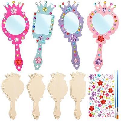 12Pcs Wooden Princess Mirror Craft Party Favors for Kids DIY Decorate | Hand Mirror, For Girls Art Activities