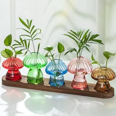 Hewory Plant Propagation Station: 5PCS Colored Mushroom Vase with Wood Tray | Gifts for Plant Lovers, Mother, Propagation Vases, Mushroom Glass Planter for Windowsill Decor, Buddy, Terrarium Kit, Jars