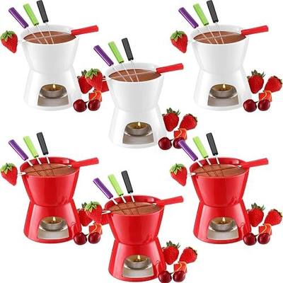 Mudder 6 Pieces Fondue Mug Ceramic Pot and 24 Pieces Forks Set for Melting Chocolate, Cheese, Broth or Tapas on Valentine's Day Gift(Red and White)