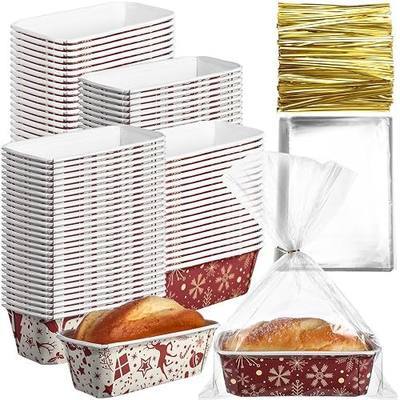 Teenyyou 50 Sets Christmas Paper Loaf Pan 6.3 x 2.2 x 2.2 Inch Mini Disposable Bread Pans with Clear Plastic Bags and Ties Rectangle Baking Mold Loaf Containers for Bread Cake Baking (Elegant Style)