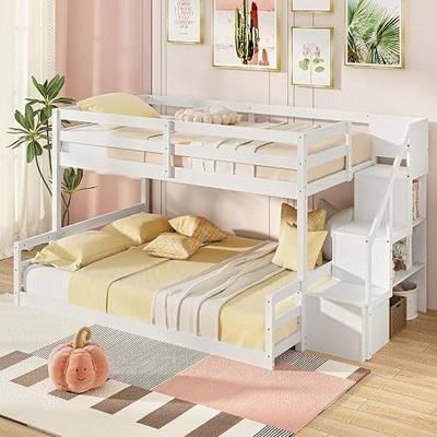 Giantex Twin Over Full Bunk Bed with Stairs, Solid Wood Floor Bunk Bed with Storage Staircase & Full-Length Guardrails, Low Bunk Bed with for Kids, Teens, Adults, Dorm, Small Space, White