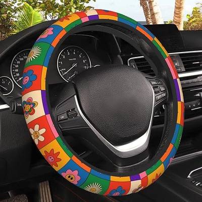 Abstract Groovy Flowers Steering Wheel Covers Universal 15 Inch Car Wheel Cover,Anti-Slip Breathable Car Accessories Protector Fit for Trucks,Sedans,SUVs,Vans