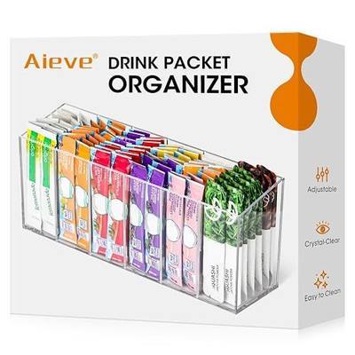 AIEVE Drink Packet Organizer, Water Drink Packet Holder with Removable Divider, Water Flavor Packet Organization Container for Kitchen Organizers and Storage (6 Compartments)