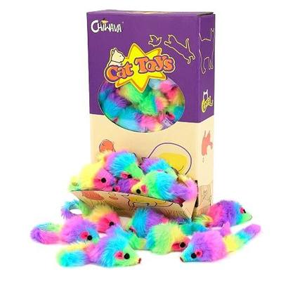 CHIWAVA 36PCS 1.8" Rainbow Color Furry Cat Toy Mice with Rattle Kitten Play | Colorful Small Mouse Interactive Toys for Indoor Fetch & Chasing Plays