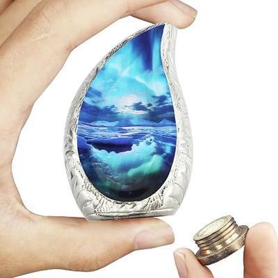 M MEILINXU Small Urns for Human Ashes Keepsake, Mini Urn for Ashes for Women & Man, Decorative Cremation Container, Display at Home & Niche, Aurora Borealis Tear Drop, Turquoise Urn - Little Teardrop