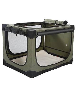 42 x 31 x 31 Inch Collapsible Soft Dog Crate for Dogs Up to 90 lbs, Portable Travel Pet Kennel with 4 Zip Doors, Foldable Indoor Outdoor Crate with Mat, Carry Bag, Green