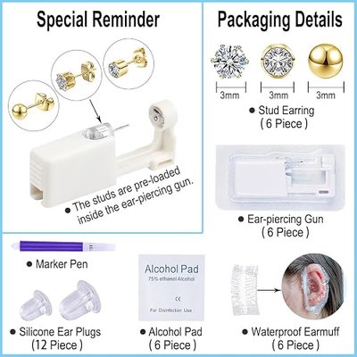 VitaCool Ear Piercing Kit Disposable Ear Cartilage Piercing Gun 3mm Studs | with Gold Sterile CZ Studs Easy and Safe Earring Self for Yourself Use at Home(Gold Mixed Patterns 3mm)