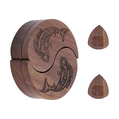 Rockhouse Wooden Guitar Pick Holder Case Taiji Fish with 2 Plectrum | Portable Magnetic Storage Box with Walnut Picks, Dual Slot for 4-6 Plectrums Organized, Decorative Gift for Bassist Guitarist