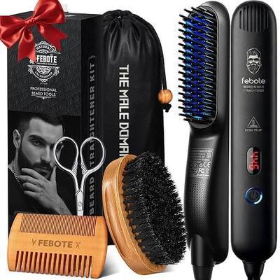 Innovation Beard&Hair Straightener for Men w/Natural Boar Bristle Brush, Pear Wood Comb, Mustache Scissors and Travel Bag, Professional Beard Care Set for Him, Men's Fashion and Grooming Gifts