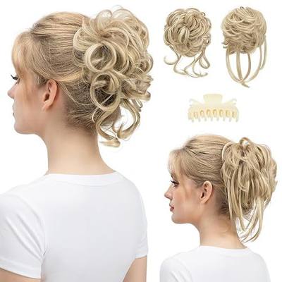 SARLA 2PCS Blonde Messy Bun Hair Pieces for Women Detachable Claw Clip Wavy Curly Synthetic Hairpieces for Updos with Tendrils Fake Scrunchies Ponytail Extension Dirty Blonde