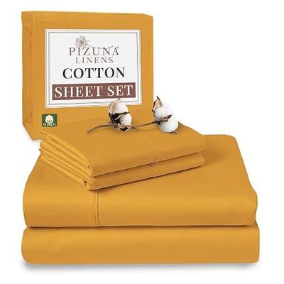 Pizuna 100% Cotton Sheets Set Queen 400 Thread Count Honey Gold | Long Staple Combed Cotton Sateen Weave Sheet Set with 15" Deep Pocket Luxurious Hotel Quality 4 Piece Cooling Bed Sheets