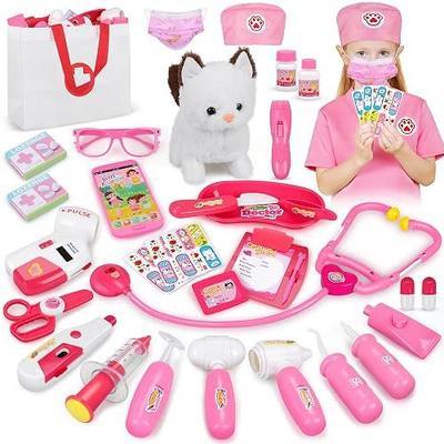 33Pcs Pet Doctor Kit for Toddlers, Pretend Vet Play Set with Cat Toy, Stethoscope, Dress Up Costume & Carrying Bag, Role Play Toys, Christmas Birthday Gifts for Ages 3 4 5-8 Year Old Boys Girls