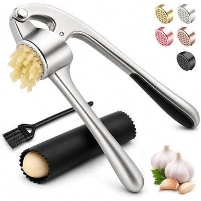 Kitchen Garlic Press, Rust Proof & Dishwasher Safe Garlic Mincer, Durable Garlic Crusher Set with Peeler&Brush, Easy to Clean and Squeeze, Matte