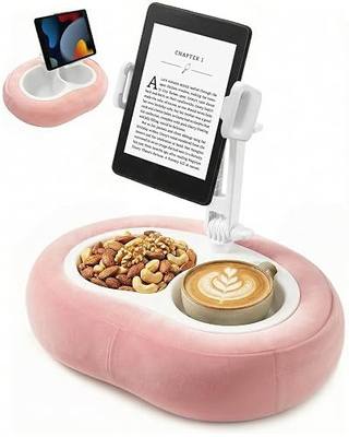 Miledi Tablet Pillow Stand for Bed with 360° Rotating Holder, Pink | Compatible with Kindle, iPad, Phone and Tablet 5" to 12.9", Soft Plush Fabric, with 2 Snack Bowls, for Reading and Relaxing