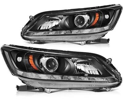 Headlight Assembly For Honda For Accord 2013-2015 | Black Housing Amber Reflector Clear Lens Headlamp | Driver and Passenger Side | 33150-T2A-A11 33100-T2A-A11