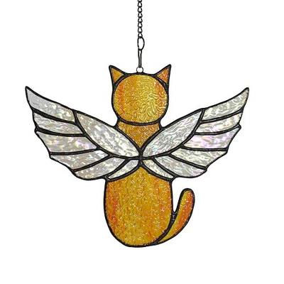 Angel Rainbow Wing Memorial Gifts - Stained Glass Cat Suncatcher, Loss of Cat Sympathy Gift (Orange)