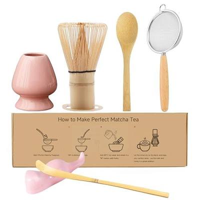 Matcha Whisk Set, 6-Piece Matcha Making Kit, Macha Tea Set, (Chasen Holder), Ceramic Whisk Holder, Matcha Starter Sifter, Bamboo Scoop, Spoon Japanese Tea Tools For Ceremony Gift (Pink)