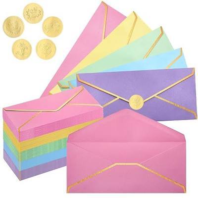 Jetec 50 Pcs Colorful #10 Business Envelopes with Gold Border and Stickers Mailing Pretty Standard Letter Size Envelopes for Graduation Wedding Office Check Invoices Greeting Cards (Macarons)