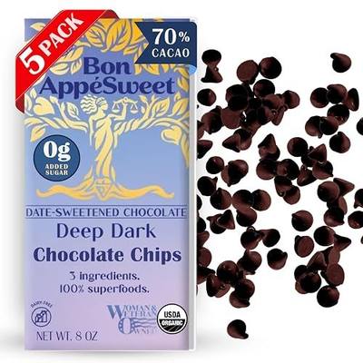 Bon Appesweet Date Sweetened Chocolate Chips - Deep Dark | 8 Ounce (Pack of 5) | Organic, Zero Added Sugar, 70% Cacao, Plant Based, Dairy Free, and Guilt Free!