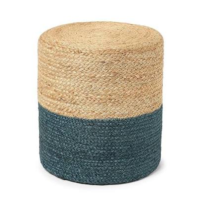 · REDEARTH · Cylindrical Pouf Foot Stool Ottoman - Jute Braided Pouffe Poof Accent Sitting Footrest for Living Room, Bedroom, Nursery, Patio, Lounge (Natural Teal, 14.5"X14.5"X16")