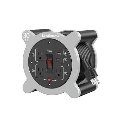 Link2Home 30 Ft. Extension Cord Reel, 3 Outlets, 2 USB Ports | 16 AWG SJT cable, 2.4A fast-charge USB ports, compact reel storage