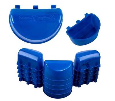 Plasticos AF Plastic cage cup feeder halfmoon shape Blue, 12 Pz. Chicken, pigeon, bird, rabbitt, hamster, guinea pig, small pets. With hangers